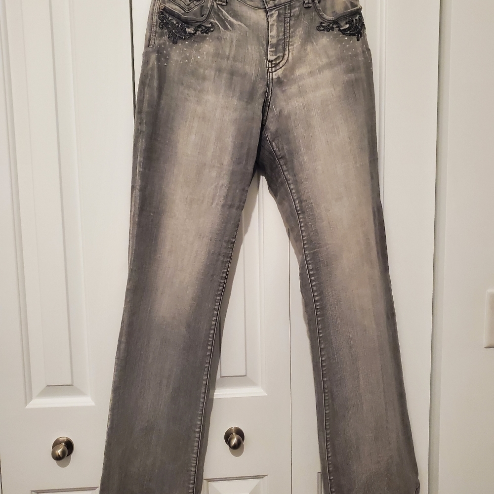 Cache gray embellished flare jeans